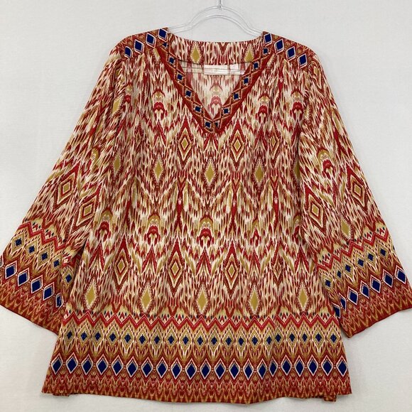 Belle Kim Gravel Size 1X Multi Color Boho Artsy Print V Neck Stretch knit Top - Picture 1 of 8